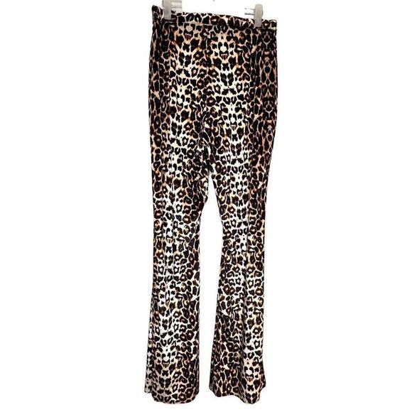 Pretty Little Thing Leopard Velvet Flat Front Wide Leg Pants Brown Tan Size 12 - Picture 2 of 6